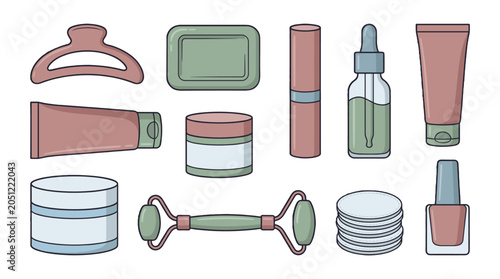 Set of cosmetic containers and skincare tools in flat vector style
