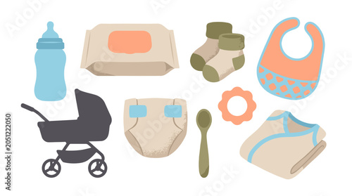 Baby care items set with bottle diaper stroller and bib