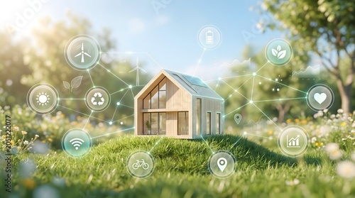 Smart eco house model on grass with green energy network icons