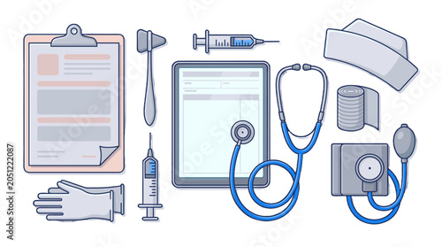 Medical equipment and healthcare tools vector illustration set