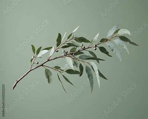 Minimalist eucalyptus branch with gumnuts and green leaves on green background