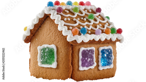 Tableau sur toile Gingerbread house decorated with white icing and colorful candies