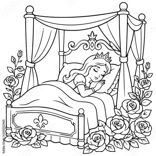 Coloring picture, Princess sleeping on a royal bed surrounded by roses