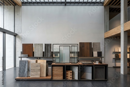 Modern Interior of an Architectural Building Materials Showroom with Various Samples