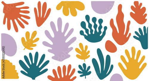 Foto Abstract colorful organic shapes pattern on white background, resembling botanical cut-outs or coral