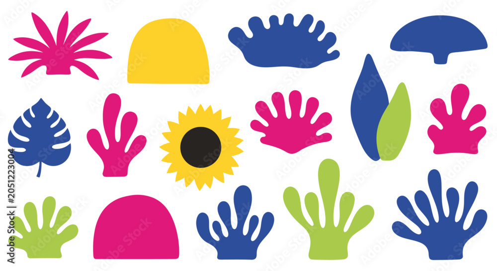 Fototapeta premium Vibrant collection of abstract organic shapes, including stylized plants, coral forms, and a sunflower, in a flat design style.