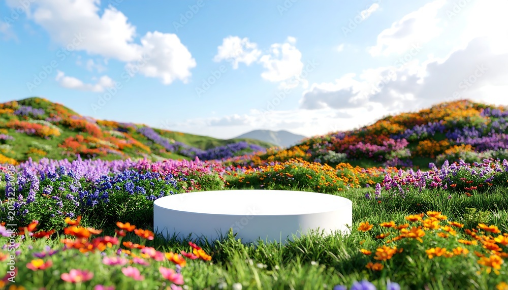 Fototapeta premium A vibrant springtime scene showcasing a white cylindrical platform amidst a vast field of colorful wildflowers, under a bright blue sky