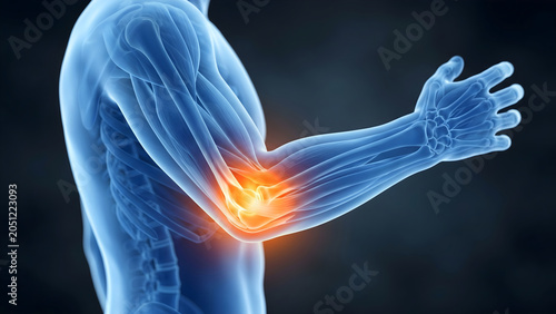 Medical illustration of a human arm showing an inflamed or painful elbow joint, depicted with a glowing orange highlight indicating discomfort.