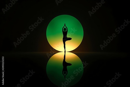 Silhouette of a person in yoga tree pose with a green neon sun silhouette meditation wellness reflection exercise lifestyle spirituality mindfulness strength stretching wellbeing creative