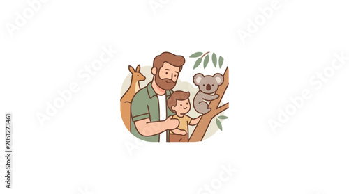 Foto Father and Child Observing Koala and Kangaroo Wildlife Interaction
