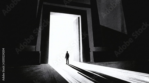 Silhouette of a lone person standing in a brightly lit doorway with long shadows.