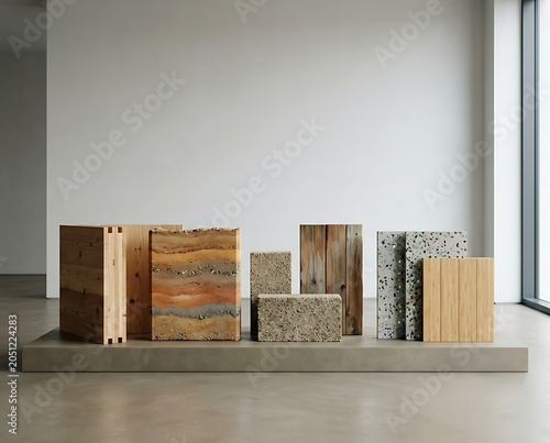 Sustainable Building Material Samples Displayed in Modern Minimalist Interior