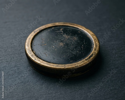 Vintage brass and black metal round lid on dark slate surface
