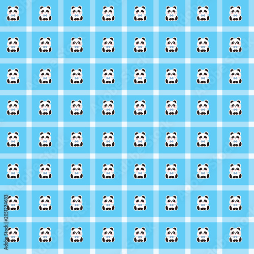 Schilderij op canvas Cute seamless pattern featuring adorable panda faces arranged in a clean blue checkered grid