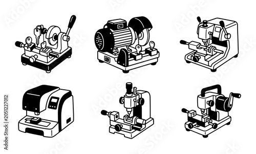 Fotografía Key Cutting Machines Collection, Locksmith Tools Set, Security Equipment Icons,