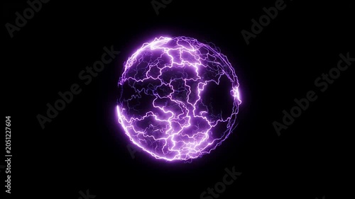 Three glowing purple energy spheres with electric discharge. Plasma orb with lightning effect. Abstract physics simulation of ionized gas for magical science concept.