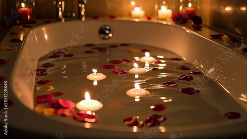 Bathtub filled with water and floating candles with rose petal. Romance setting for relaxation and wellness. Luxury bathroom interior for spa and holiday mode.