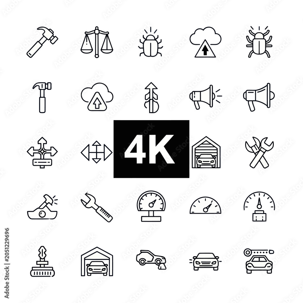 Fototapeta premium Set of 4k Icons: Technology, Tools, Cars, and Security - Vector Graphics