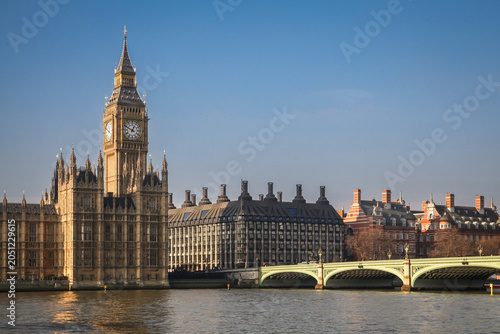 Big Ben and Houses of Parliament with Westminster Bridge over River Thames, London UK Landmark Travel Destination