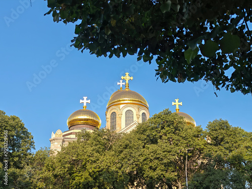 Golden Domes of Orthodox Cathedral. Stunning Religious Architecture and Travel Landmark. Cathedral of the Assumption in Varna. Varna is the sea capital of Bulgaria.