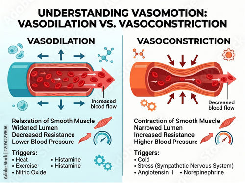 Vasomotion infographic compares vasodilation and vasoconstriction mechanisms to explain how smooth muscle activity regulates blood vessel diameter and systemic pressure for medical students.