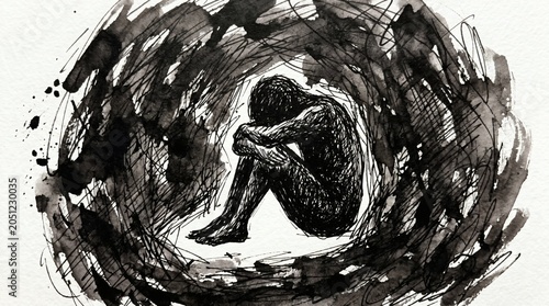 Abstract illustration of a person in distress, surrounded by dark, swirling ink strokes.