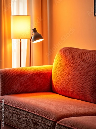 Softly glowing lamp casting warm light on plush couch, living room, anime