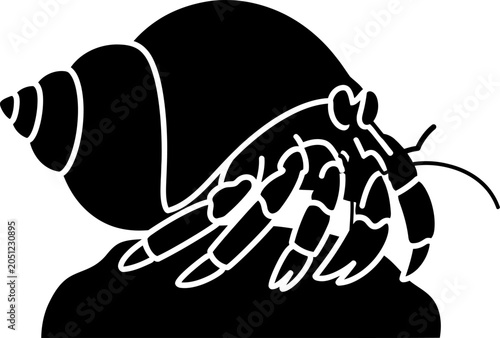 Konstfotografi Detailed black silhouette of a hermit crab on a rocky base with sea shell marine