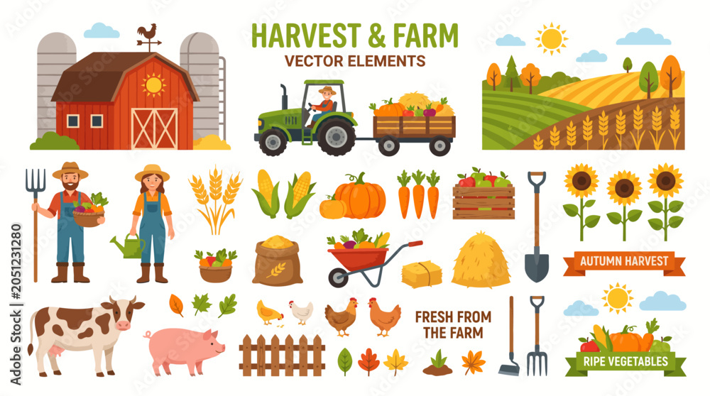 Fototapeta premium Harvest and Farm Agriculture Icons Collection Isolated on White Background
