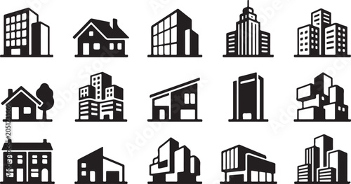 Collection of various modern house and office building icons with building architecture commercial