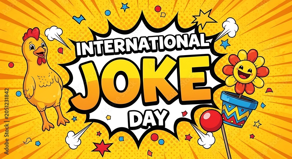 Fototapeta premium International joke day celebration graphic with cartoon chicken and flower