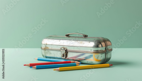 Vintage Scratch Metal Pencil Case on Mint Green Background, Minimalist School Supplies for Retro, Industrial or Back to School Concept