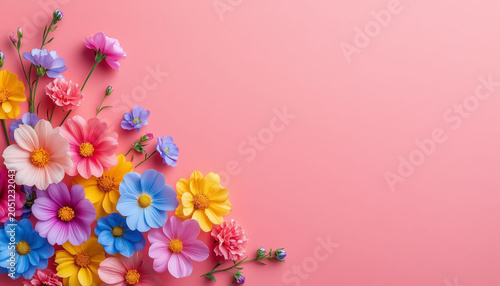 Pastel Pink Background with Empty Card and Flowers, Copy Space for Wedding, Greeting or Romantic Message Concept