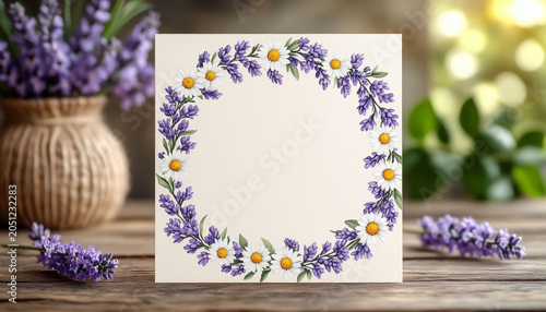 Blank Beige Greeting Card with Lavender Flowers, Vintage Congratulations for Wedding, Mother's Day or Rustic Romantic Concept