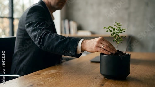 Businessman touching small green plant in black pot on wooden office desk for corporate sustainability