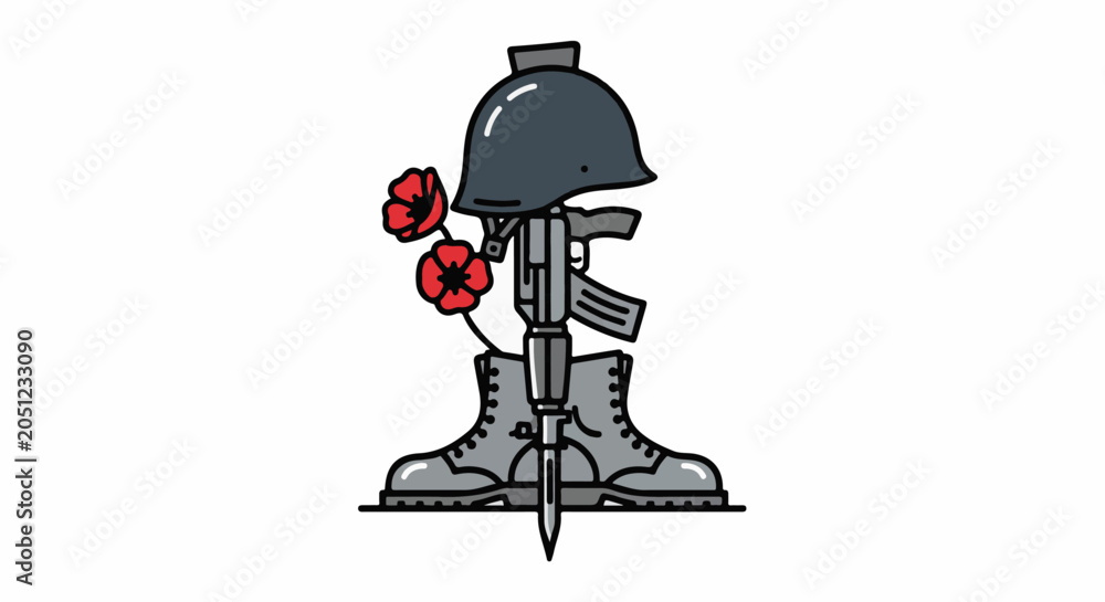Fototapeta premium A memorial display featuring a helmet, rifle, and poppies