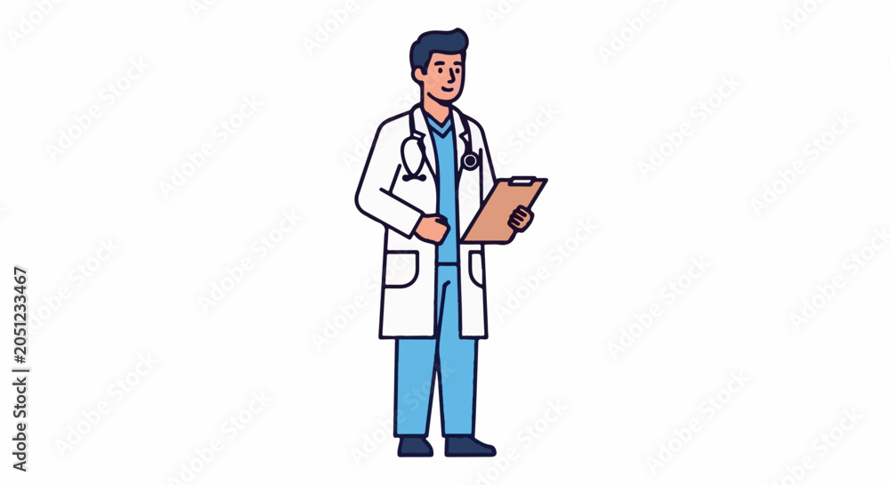 Fototapeta premium Stylized illustration of a smiling male doctor in a white coat, holding a clipboard