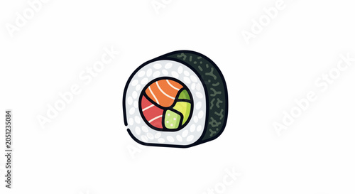 A cute, hand-drawn sushi roll with salmon, avocado, and other fillings