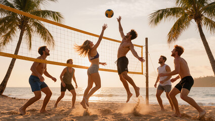 Friends playing beach volleyball at tropical sunset