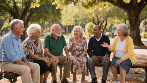 Diverse seniors group enjoying social conversation on park bench
