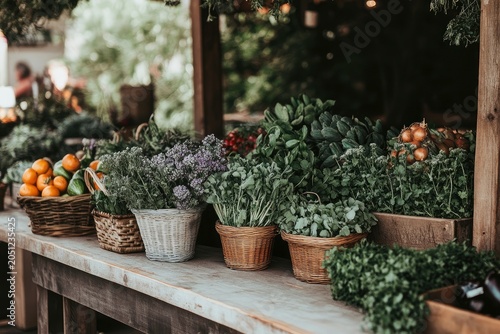 Fresh fruits, vegetables and herbs displayed at a farmers market