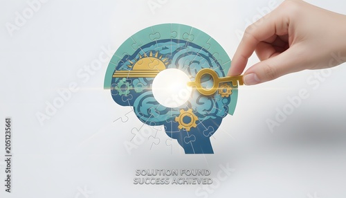 Hand places golden key into puzzle brain with gears and sunrise symbolizing solution and success