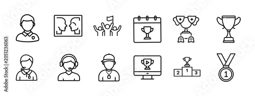 Photos sport tournament team championship web line icons set gamer player coach referee
