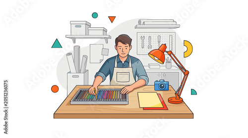 Male artist drawing with colored pencils at a studio desk