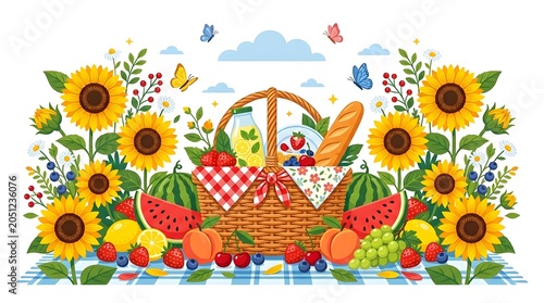 Summer picnic basket with sunflowers and fresh fruit, wicker hamper with bread and berries, colorful garden party illustration on white background