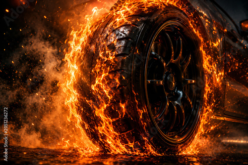 Close-up of a car tire engulfed in flames, creating a dramatic and intense visual effect