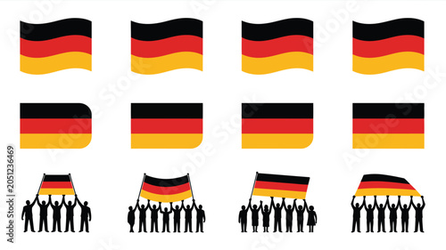 German flag waving and held by people national emblem of germany colors black red gold symbols.