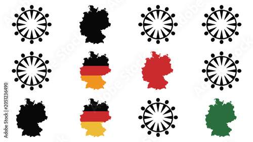 Set of black icons featuring Germany map shapes and round people group circular patterns.