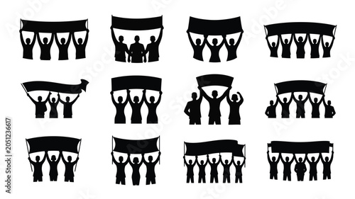 Group of people holding demonstration banners silhouette vector set for protest and rally.
