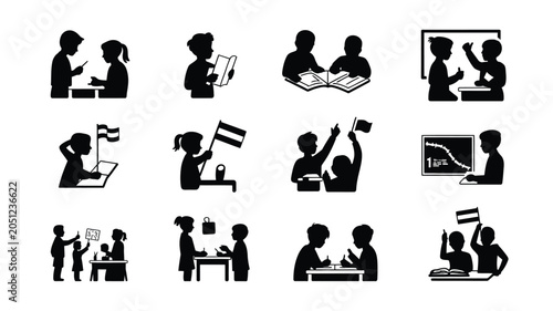 Children studying in school classroom silhouette vector icons for education and learning.